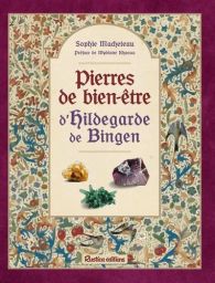 Couverture du livre Pierres de bien-être d’Hildegarde de Bingen de Sophie Macheteau avec encadrement inspiré des enluminures médiévales, motifs floraux colorés et illustrations de cristaux sur fond bordeaux et beige ancien.
