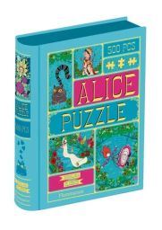 Boîte du puzzle 500 pièces "Alice au Pays des Merveilles" de la collection MinaLima Classics (Flammarion). Le packaging bleu azur, imitant la reliure d'un livre ancien, présente des illustrations de Lewis Carroll revisitées par MinaLima : le Chat du Chesh