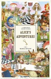 Boîte du puzzle 1000 pièces "Alice's Adventures" par Maria Rivans. Illustration pop et surréaliste colorée avec Alice, le Chat du Cheshire et des champignons géants.