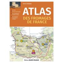 Couverture du livre Atlas des fromages de France de Patrick Mérienne, publié aux Éditions Ouest-France. Un large bandeau orange présente le titre en grandes lettres blanches et jaunes. La partie inférieure est illustrée d'une carte géographique détaillée 