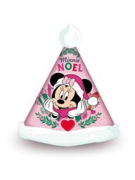 Bonnet de Noël Minnie rose avec illustration de Minnie portant un bonnet rouge, entourée de cadeaux et motifs festifs, avec pompon blanc et bordure blanche.