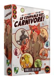 Boîte du jeu de société "Le Coupable est... Carnivore !". L'illustration au style BD/noir inspiré dépeint un détective renard en trench-coat entouré de portraits de suspects (une panthère, un requin, un chien élégant). Le sous-titre "Démêlez le vrai du fa