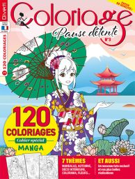 Coloriage Pause Détente n°3 avec un cahier spécial Mangas et 7 thèmes : mandalas, automne, déco intérieure, colorama, Fleurs...-Achat magazine sur Divertistore