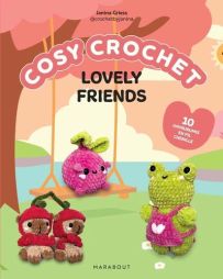 Couverture du livre "Cosy Crochet - Lovely Friends" de Janina Griess (@crochetbyjanina) aux éditions Marabout. Le décor printanier illustre une balançoire et des arbres roses. Au premier plan figurent une créature magenta à feuilles vertes posée sur la ba