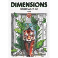 Couverture du livre Dimensions coloriages 3D avec illustration d’un tigre en relief sortant d’un décor architectural végétal