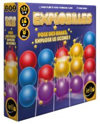Face avant de la boîte du jeu Explobilles, édité par IELLO. Sur un fond bleu nuit, le titre s'affiche en grandes lettres dorées au-dessus du slogan "Pose des billes, explose le score !". Le visuel principal montre plusieurs colonnes de billes colorées (ro