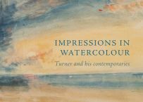 Cover of the art book *Impressions in Watercolour: Turner and his contemporaries*. The image features a magnificent watercolour painting depicting a seascape at sunset, bathed in soft, translucent shades of blue, yellow and pink.