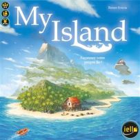 Couverture du jeu My Island par Reiner Knizia chez IELLO. Illustration d'une île tropicale paradisiaque avec un volcan, des palmiers et une cabane sur pilotis au bord d'une eau turquoise. Un jeu legacy captivant à découvrir sur Divertistore.com.