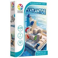 Face avant de la boîte du jeu de réflexion L'Atlantide de SmartGames. Le visuel illustre le plateau de jeu en 3D avec une haute tour blanche et des blocs d'escaliers colorés, le tout entouré par les eaux. Les caractéristiques du jeu sont clairement affich