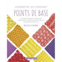 Couverture du livre L’essentiel du crochet : Points de base de Melissa Leapman, publié aux éditions Un Dimanche Après-Midi. L’image montre plusieurs échantillons colorés de points de crochet jaunes, violets, rouges et orangés