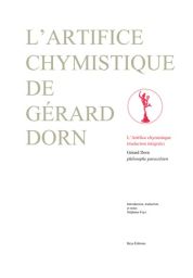 Couverture du livre L’Artifice chymistique de Gérard Dorn, aux Éditions Beya. Fond blanc minimaliste avec une grande typographie gris-vert pâle en capitales occupant la partie gauche. À droite, une petite illustration circulaire rouge représente une statu