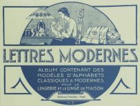 Couverture vintage en tons bleu et crème de l'album "Lettres Modernes N° 5" publié par les Éditions L'Inédite - Paris. L'illustration en médaillon supérieur montre une femme des années 1930 en train de broder un tambour à côté d'une lampe de chevet et d'u