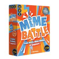 Boîte du jeu Mime Battle édité par Iello, aux couleurs vives orange et bleue, avec le slogan « Trois mots, deux mimes, un gagnant !