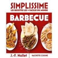 Première de couverture du livre "Simplissime : Les recettes les + faciles du monde - Barbecue" de J.-F. Mallet aux éditions Hachette Cuisine. Sur un fond rouge vif, le titre en grandes lettres blanches surplombe trois assiettes ovales présentant des grill