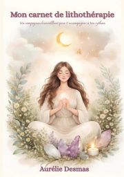 Couverture du livre Mon carnet de lithothérapie d’Aurélie Desmas illustrant une jeune femme en méditation entourée de fleurs, de cristaux violets et d’une lune lumineuse dans des tons pastel apaisants et mystiques.