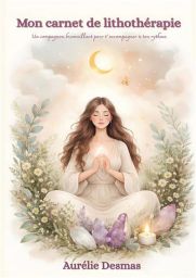 Couverture du livre "Mon carnet de lithothérapie" d’Aurélie Desmas avec illustration douce d’une femme assise en méditation, entourée de fleurs, de cristaux violets et d’une lune dans une ambiance apaisante et spirituelle.