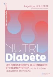 Couverture du livre Nutri Diabète d’Angélique Houlbert avec fond dégradé rose et bleu, formes abstraites et titre en blanc, collection "Les essentiels nutri".