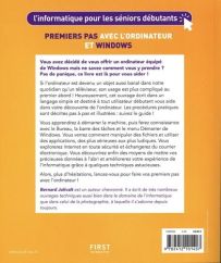 Quatrième de couverture du manuel pour séniors débutants détaillant le contenu : souris, clavier, e-mails, photos et sécurité.