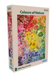 Vue en perspective de la boîte de couleur beige du puzzle "Colours of Nature" de 1000 pièces, édité par Gibsons en collaboration avec la RHS (Royal Horticultural Society). Le visuel central présente un splendide collage botanique formant un dégradé arc-en