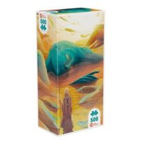 Boîte du puzzle Iello Universe 500 pièces Entre Dunes avec illustration onirique d’un désert et visage géant intégré dans les dunes.