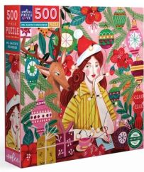 Boîte du puzzle Ms. Santa’s Reindeer – 500 pièces de la marque eeBoo. L’illustration très colorée représente Mme Noël vêtue de jaune et coiffée d’un bonnet rouge et blanc, accompagnée d’un renne. Autour d’eux se mêlent cadeaux, branches de sapin, fleurs r