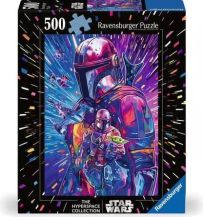 Boîte du puzzle Ravensburger 500 pièces Star Wars The Mandalorian avec illustration colorée du Mandalorien et Grogu, fond spatial dynamique aux tons violets, bleus et roses.