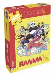 Boîte du puzzle 1000 pièces Ranma 1/2 avec illustration colorée des personnages du manga sur fond jaune, design dynamique et logo officiel bien visible. Achat sur Divertistore.com.