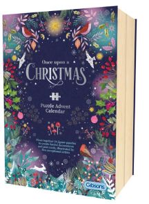 Boîte fermée du Calendrier de l'Avent Puzzle "Tales of Christmas" de Gibsons posée sur une table en bois. Le grand coffret rectangulaire affiche une riche couleur prune ornée de détails dorés élégants, d'arabesques et de couronnes florales festives encadr