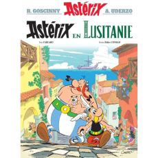Couverture de la bande dessinée "Astérix en Lusitanie" (Tome 41). On y voit Astérix, Obélix et Idéfix marchant joyeusement dans une ruelle ensoleillée d'un village antique aux façades colorées, avec une vue sur la mer et une galère romaine à l'horizon.