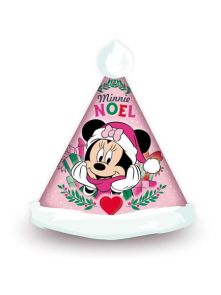 Bonnet de Noël Minnie rose avec illustration de Minnie portant un bonnet rouge, entourée de cadeaux et motifs festifs, avec pompon blanc et bordure blanche.