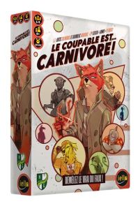 Boîte du jeu de société "Le Coupable est... Carnivore !". L'illustration au style BD/noir inspiré dépeint un détective renard en trench-coat entouré de portraits de suspects (une panthère, un requin, un chien élégant). Le sous-titre "Démêlez le vrai du fa