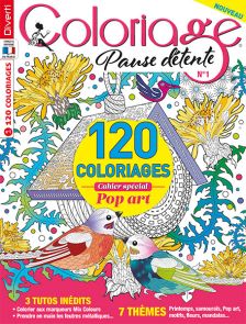 A vous le coloriage détente autour de 7 thèmes : Printemps, samourais, Pop art, motifs, fleurs et mandalas dans ce nouveau magazine Coloriage Pause détente de Diverti Editions