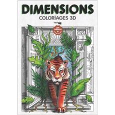 Couverture du livre Dimensions coloriages 3D avec illustration d’un tigre en relief sortant d’un décor architectural végétal
