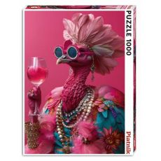 Boîte du puzzle 1000 pièces Piatnik montrant un flamant rose anthropomorphe très excentrique sur un fond rose vif. L'oiseau, habillé d'une veste turquoise à fleurs roses et plumes, porte des lunettes de soleil rondes bleues à strass, plusieurs colliers de