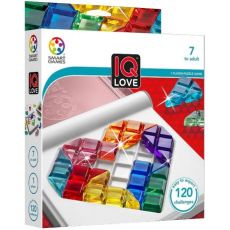 Face avant de la boîte du jeu de poche "IQ Love" de la marque SmartGames. Le packaging blanc met en valeur le coffret ouvert avec ses pièces colorées et translucides emboîtées en forme de cœur. Les macarons d'information sur l'emballage indiquent un âge d