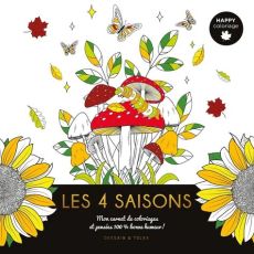 Couverture du livre Les 4 saisons avec illustration de champignons rouges, fleurs jaunes et éléments naturels à colorier, style créatif et coloré sur fond clair. Achat sur Divertistore.com.