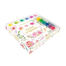 Coffret créatif Ma petite palette : Fleurs à l’aquarelle présenté ouvert sur fond blanc. Le coffret est décoré de délicates illustrations de fleurs et de feuillages aux tons roses et verts. À l’intérieur, plusieurs godets d’aquarelle aux couleurs vives so