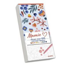 Couverture du bloc "Mamie - Marque-pages XXL - Coloriages mystères" publié par PlayBac. Le visuel présente un motif floral pastel sur le haut et une illustration numérotée à colorier sur le bas avec un feutre rose et la palette de numéros de 1 à 10.