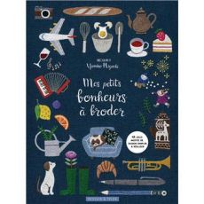 Couverture bleu marine de "Mes petits bonheurs à broder" par Yumiko Higuchi, ornée de motifs brodés colorés et poétiques. Achat sur Divertistore.com.