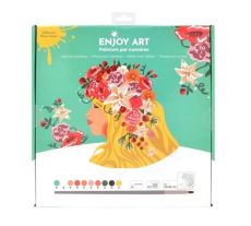 Face avant de la boîte du kit de peinture par numéros "Flower Power Sylvia" de la marque Enjoy Art. Sur un fond vert menthe doux, l'illustration principale dévoile le tableau terminé. Au bas de la boîte, de petits pictogrammes détaillent le contenu du kit