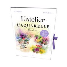 Couverture du coffret « L’Atelier de l’aquarelle fleurie » de Blanche Tristant, avec illustrations florales colorées, matériel d’aquarelle et ruban violet sur la tranche.