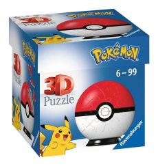 Boîte d'emballage du Puzzle 3D Poké Ball de Ravensburger. Sur un fond bleu quadrillé, le logo officiel Pokémon trône au-dessus d'une grande illustration de la Poké Ball sphérique assemblée sur son socle noir. Le célèbre Pokémon Pikachu, jaune et souriant,