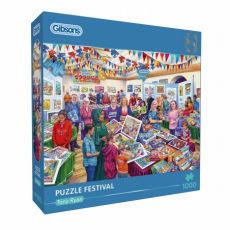 Boîte bleue du puzzle Puzzle Festival 1000 pièces de Gibsons, illustré par Tony Ryan. Elle représente un festival animé avec des visiteurs, des stands de puzzles et des guirlandes multicolores.