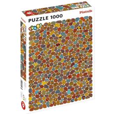 Boîte du puzzle Twin It 1000 pièces de Piatnik, sur fond blanc, recouverte d'une multitude de motifs graphiques colorés aux formes variées. Illustrations aux tons orange, jaune, bleu et marron, avec des spirales, des fleurs et des formes géométriques. Log