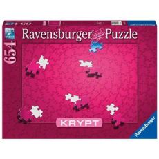 Face avant de la boîte du puzzle 654 pièces "Krypt" de Ravensburger en édition rose. Le packaging de couleur magenta met en scène le visuel monochrome et uni du puzzle, parsemé de quelques pièces blanches et roses qui révèlent l'assemblage circulaire et l