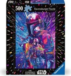 Boîte du puzzle Ravensburger 500 pièces Star Wars The Mandalorian avec illustration colorée du Mandalorien et Grogu, fond spatial dynamique aux tons violets, bleus et roses.