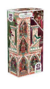 Boîte du puzzle Iello Twist 500 pièces Visite Royale avec illustration d’un château stylisé aux couleurs vives, scènes royales et personnages dans un univers graphique géométrique.