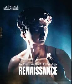Première de couverture du catalogue d'exposition "Renaissance : De Vinci, Raphaël, Michel-Ange" publié par les Éditions Hazan. Le visuel saisissant met en avant un gros plan dramatique du visage sculpté du célèbre "David" de Michel-Ange, baigné dans un cl