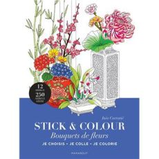Face avant de la couverture du livre "Stick & Colour : Bouquets de fleurs" d'Inès Carratié, éditions Marabout. Un bandeau bleu en bas porte le titre, surmonté d'une illustration colorée de vases richement ornés contenant des orchidées, des hortensias et d