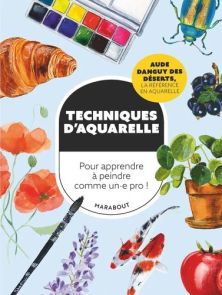 Couverture du livre "Techniques d’aquarelle" avec illustrations colorées de fleurs, poissons, fruits, pinceaux et palette de peinture, fond clair et ambiance artistique créative. Achat sur Divertistore.com.